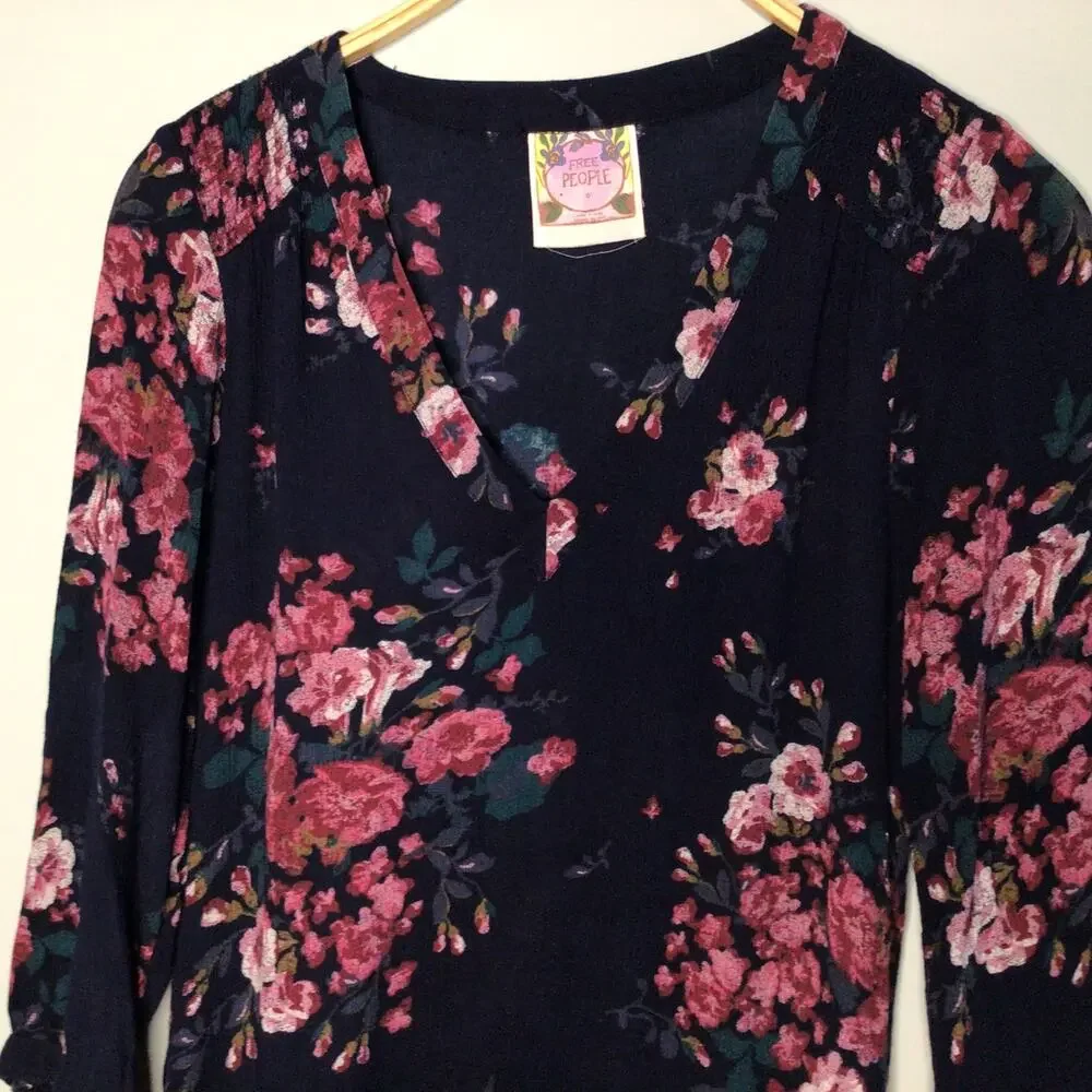 Free People Navy Blue/Pink Floral Dress Sz 0